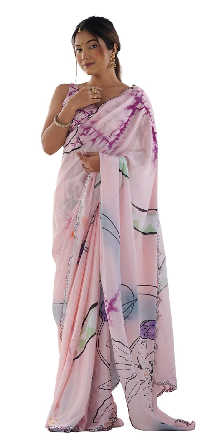 Women’s Chinon Digital Printed Saree with Unstitched Blouse Piece