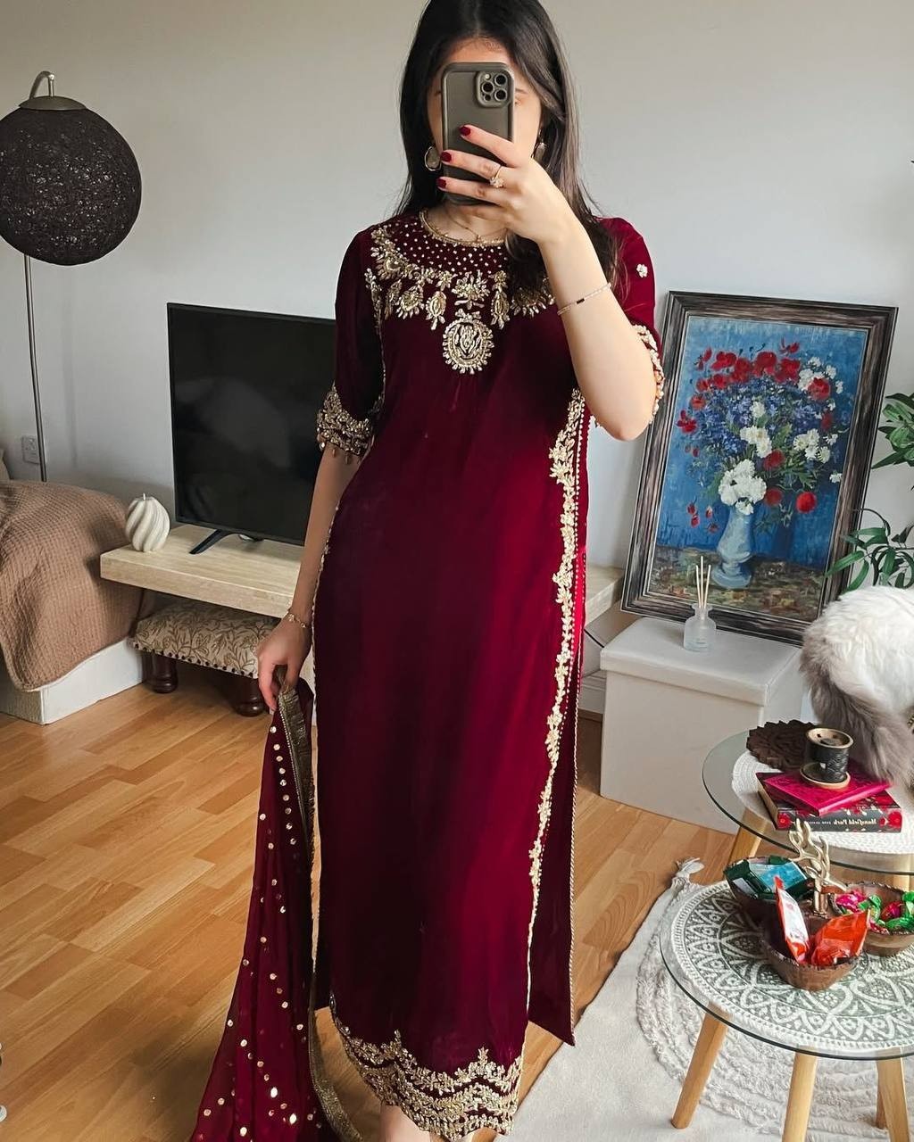 Stunning Maroon Velvet Salwar Kameez With Dupatta For Traditional Wear