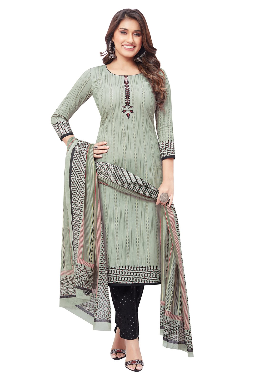 Miraan Unstitched Cotton Salwar Suit Material for Women Grey Free Size