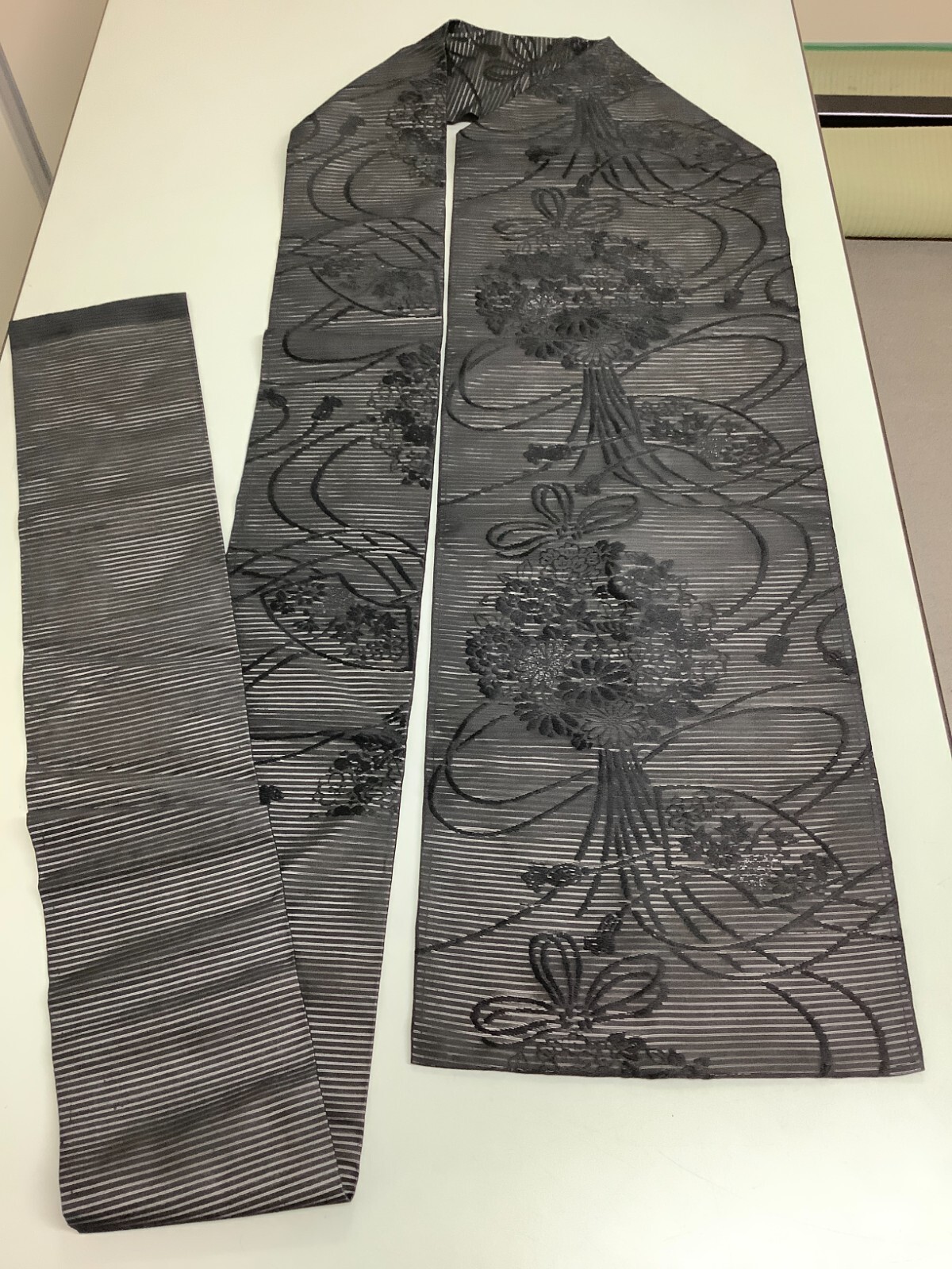 Japanese Vintage Kimono Nagoya Obi pure silk black flower expensive 122×11.8inch