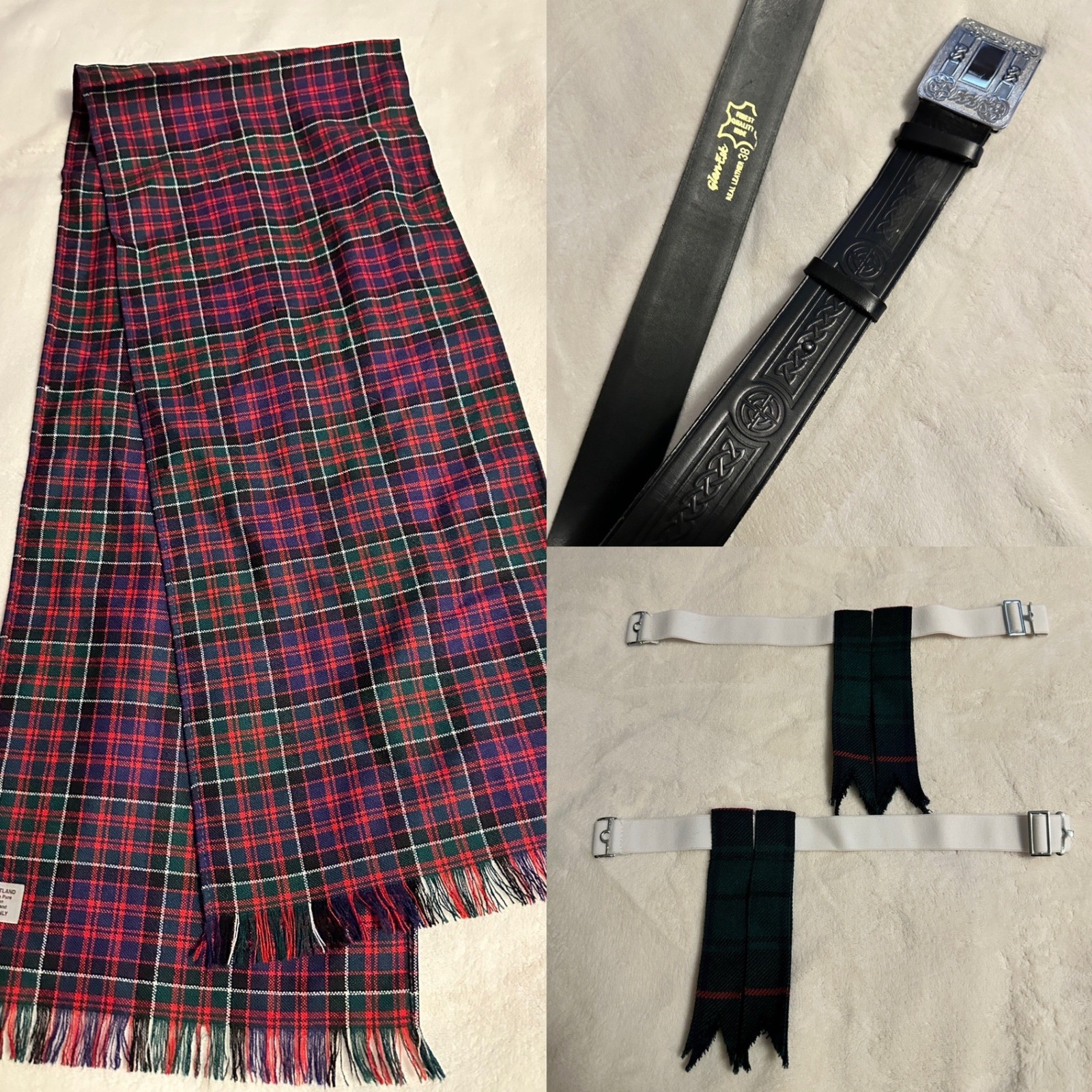 Celtic Craft Centre Scottish Wool Kilt Set Belt Scarf Garter Flashes Outlander