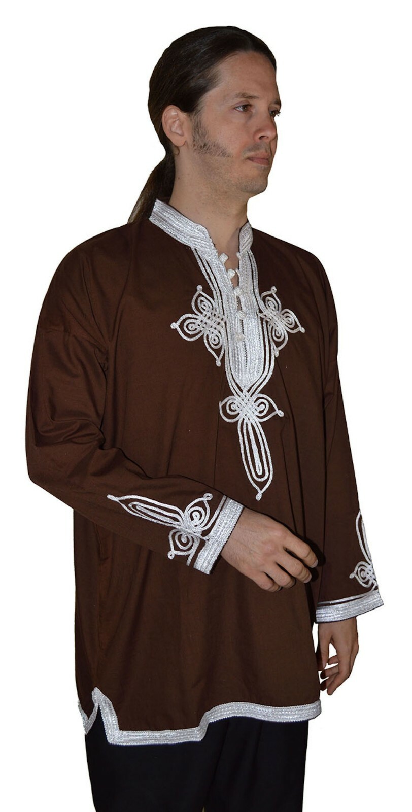 Moroccan Men Tunic Shirt Casual Handmade Embroidered Cotton MED/LG Chocolate