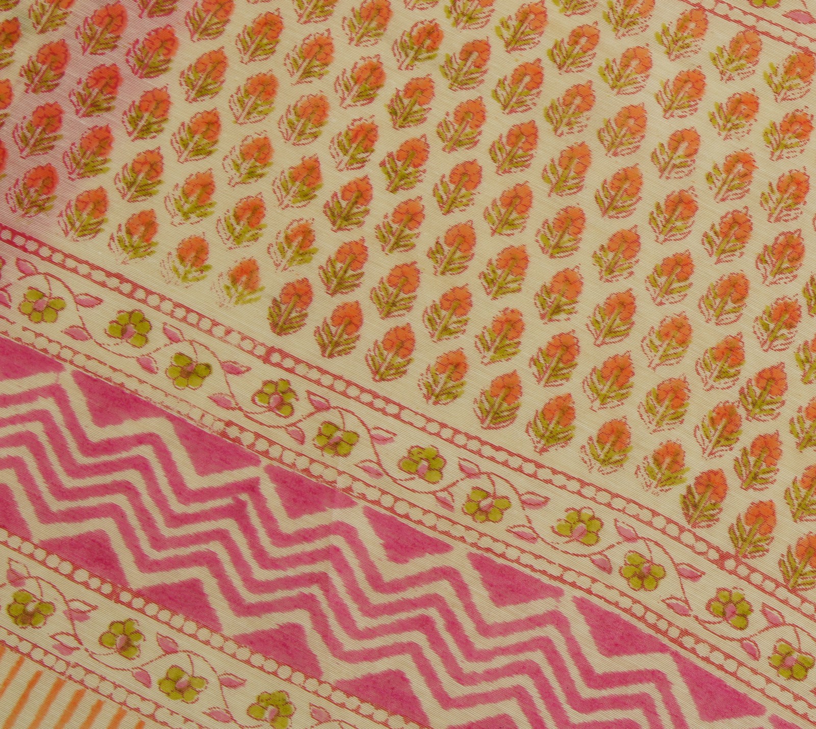 Sushila Vintage Cream Saree Blend Cotton Hand Block Printed Floral Sari Fabric