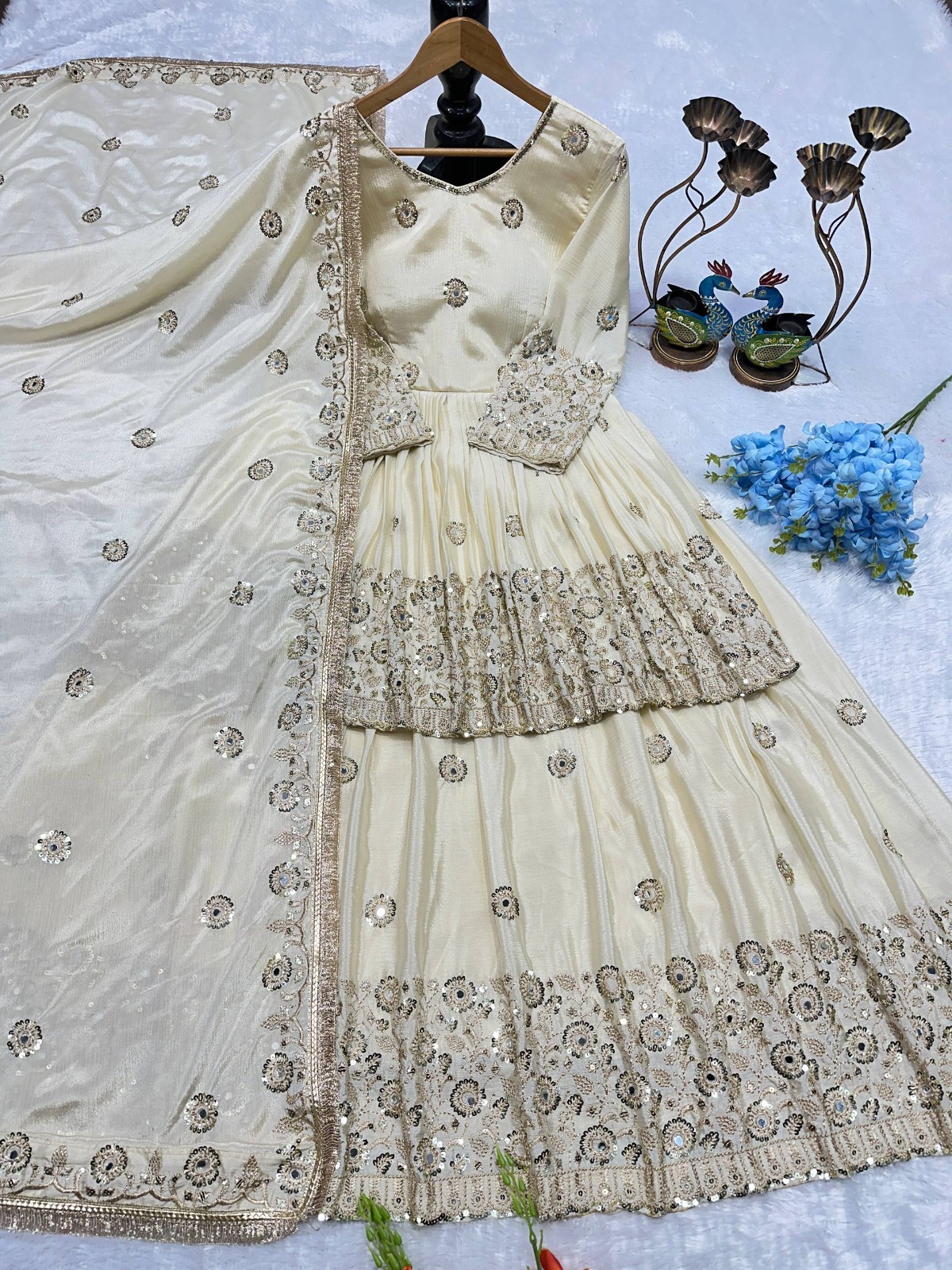 Stunning Look Off White Chinnon Silk Top Lehenga With Dupatta For Women