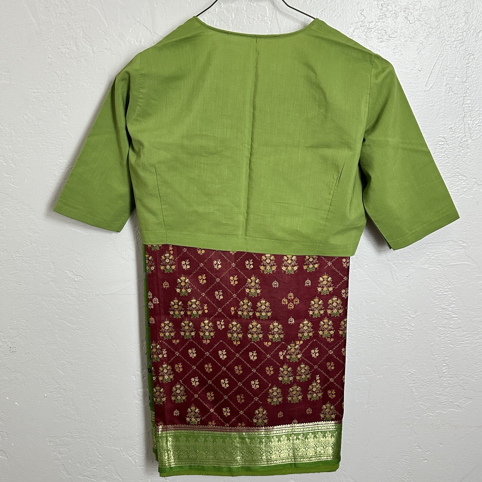 Vtg Indian Saree Choli Dress Top Set M Silk Lime Green Wine Gold Floral Metallic