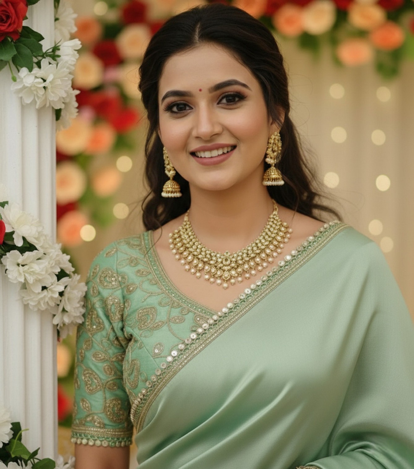 Embroidered Satin, Silk Blend Saree With Stitched Blouse (Light Green)