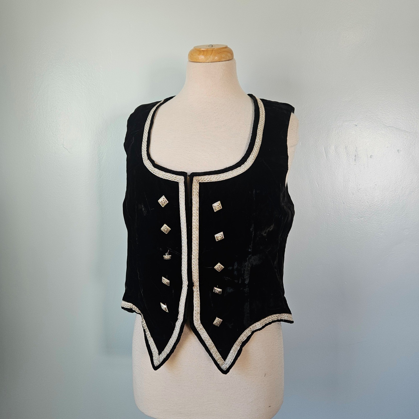 Black Velvet Scottish Highland Dance Vest Silver Trim Bodice Womens Medium