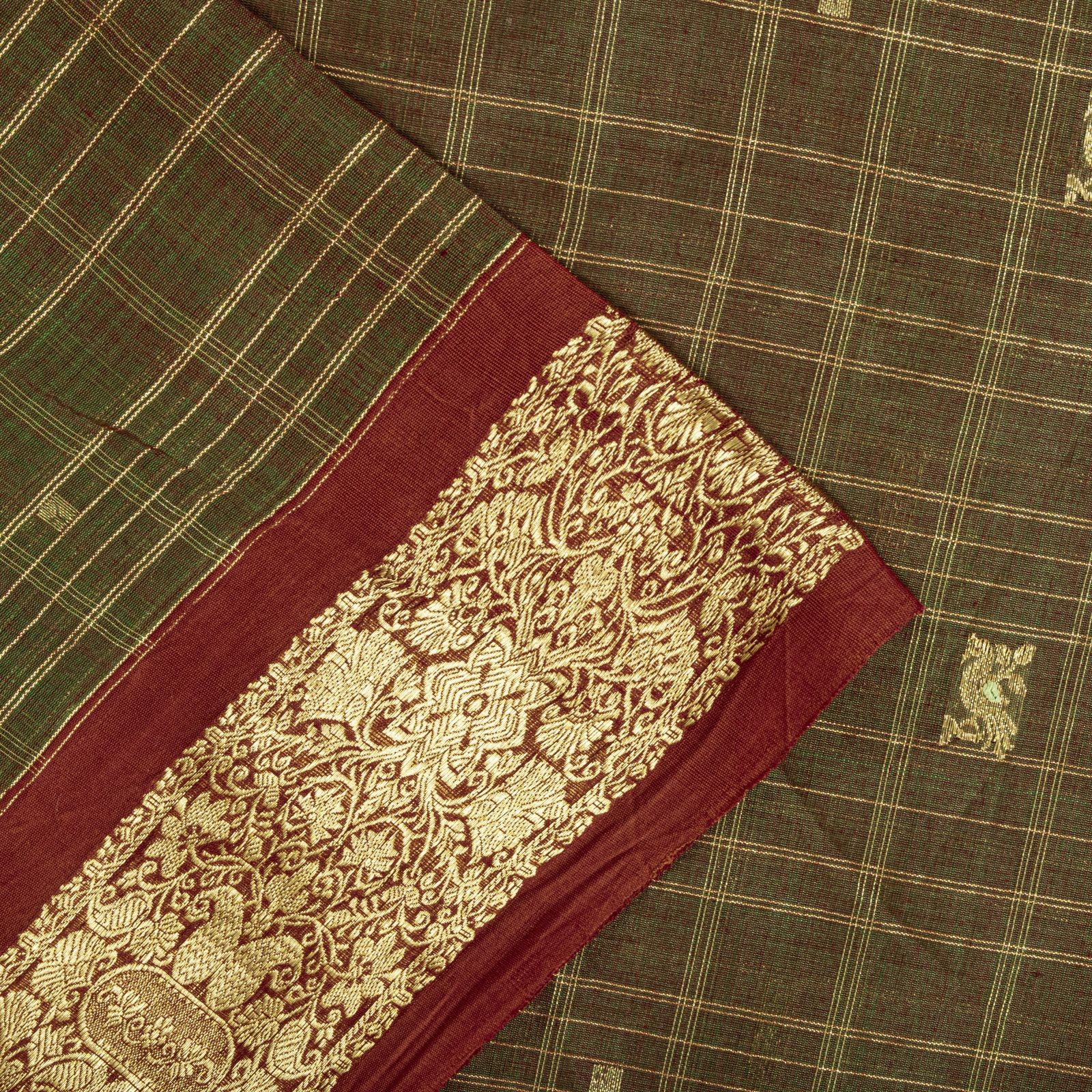 Sanskriti Vintage Saree Green Cotton Silk Brocade Zari Hand Woven Fabric 5Ydsari