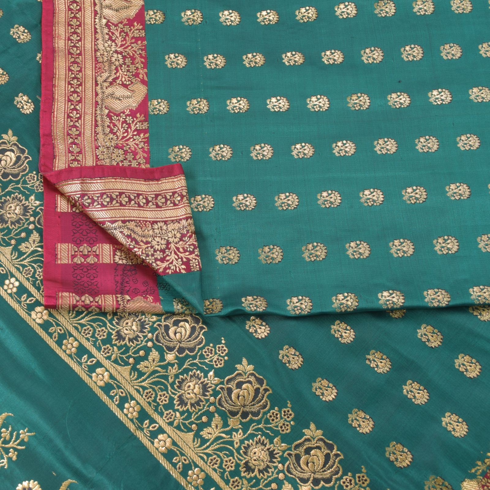 Sanskriti Vintage Cyan Pure Satin Saree Banarasi Brocade Zari Hand-Woven 5+Yd