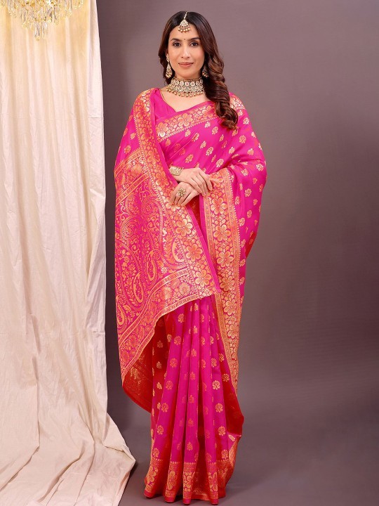 Ethnic Motifs Woven Design Zari Kanjeevaram Saree Pink & Gold Tone Free Shipping