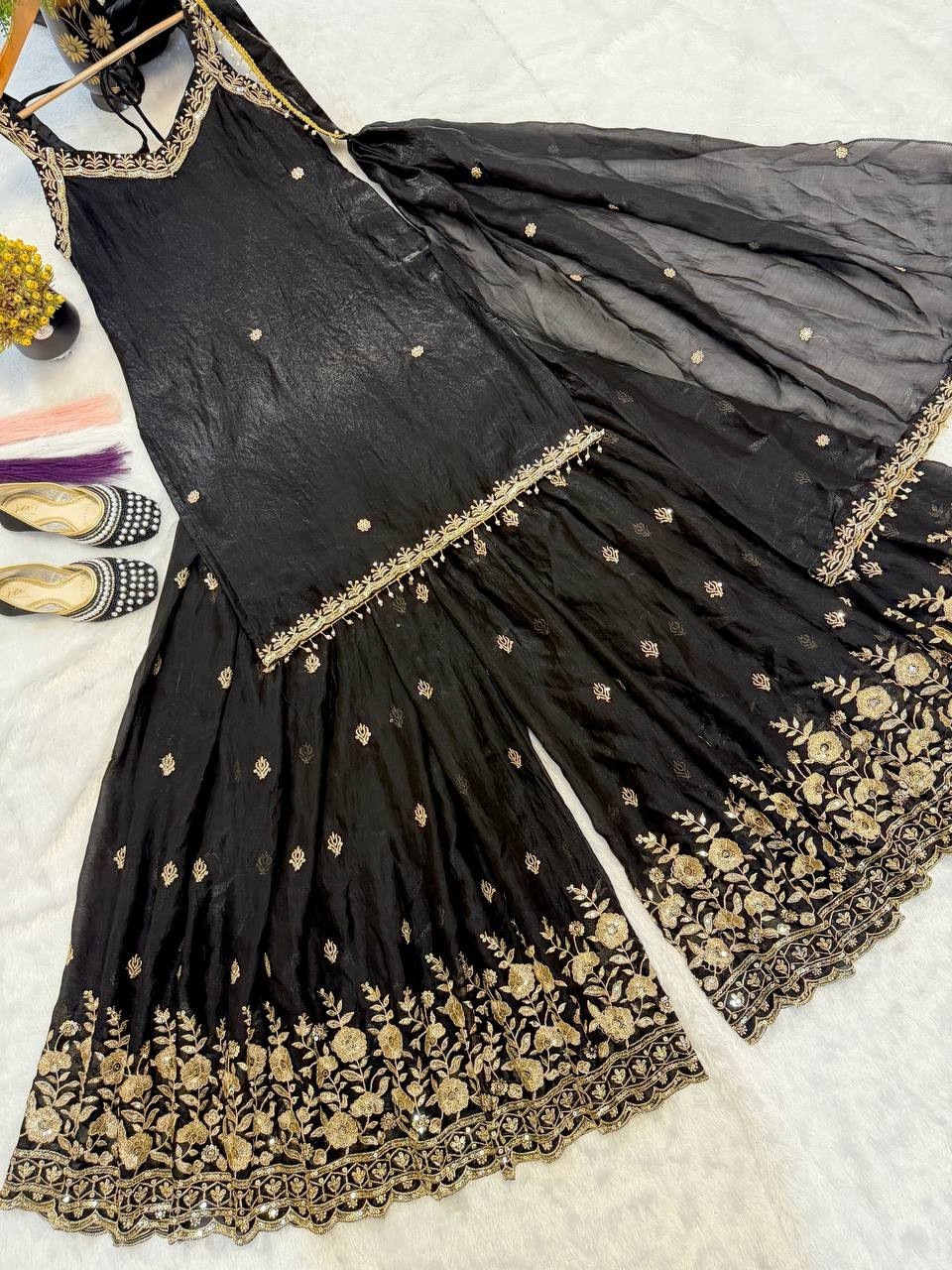 Latest Stylish Pure Silk Black Top Palazzo With Dupatta For Party Wear