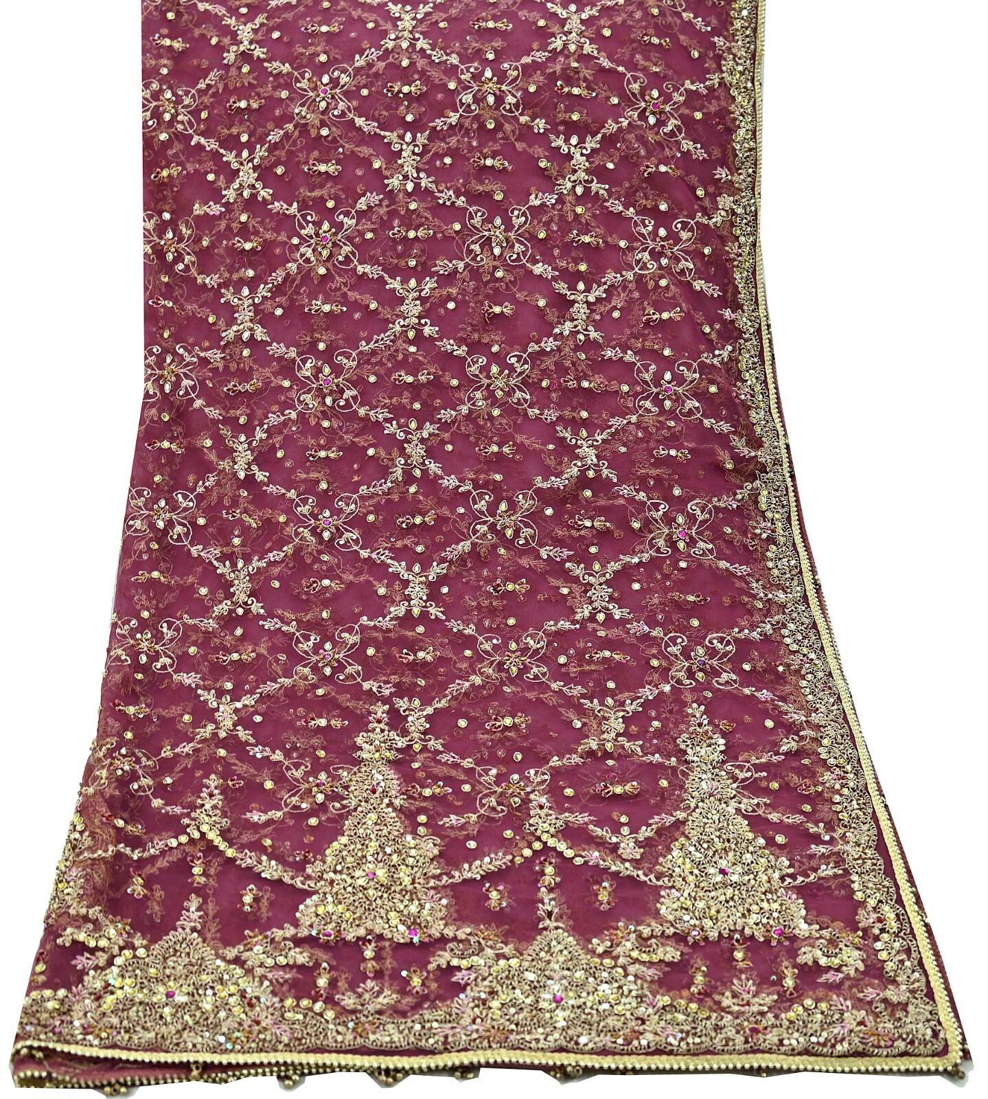 Vintage Heavy Purple Dupatta Net Mesh Long Stole Hand Embroidered Scarf Zardozi