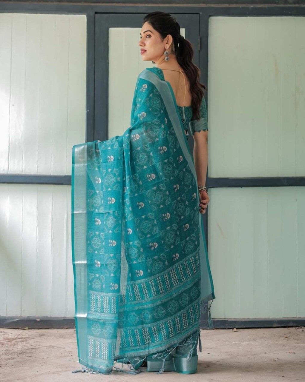 Printed Assam Silk Linen Saree (Multicolor)