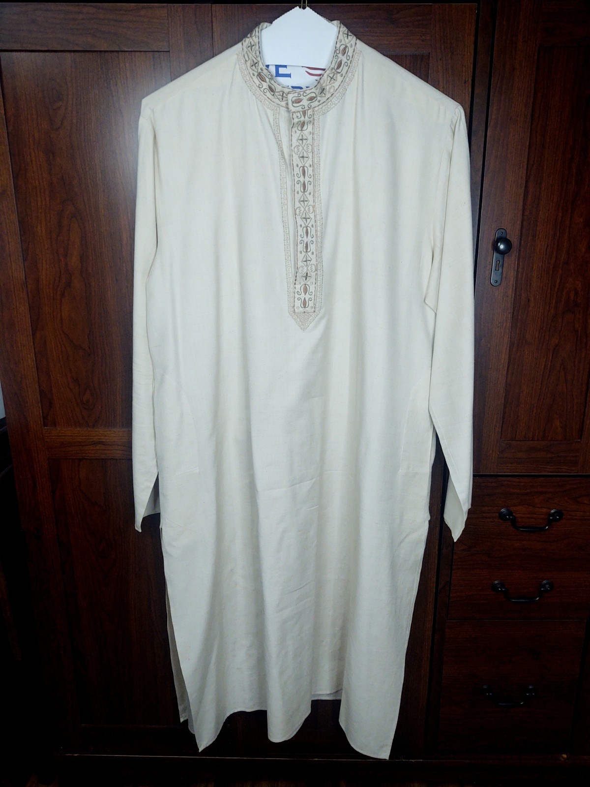 Vintage Men’s Kurta 3/4 Length Shirt Embroidered Collar Sz 40 Cream/Brown