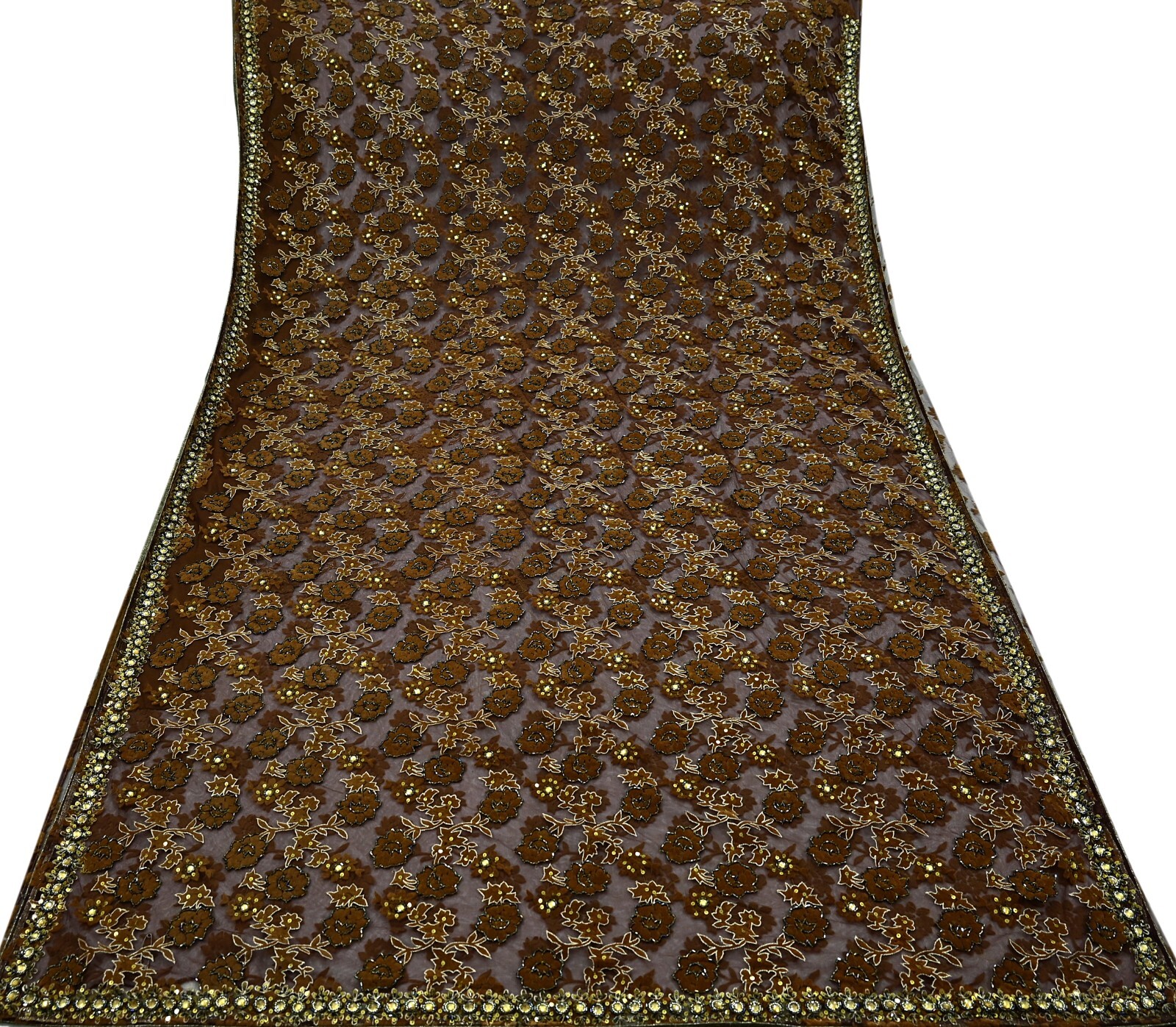 Vintage Heavy Coffee Brown Saree Net/Mesh Hand Beaded Sari Fabric 5Yd Sewing