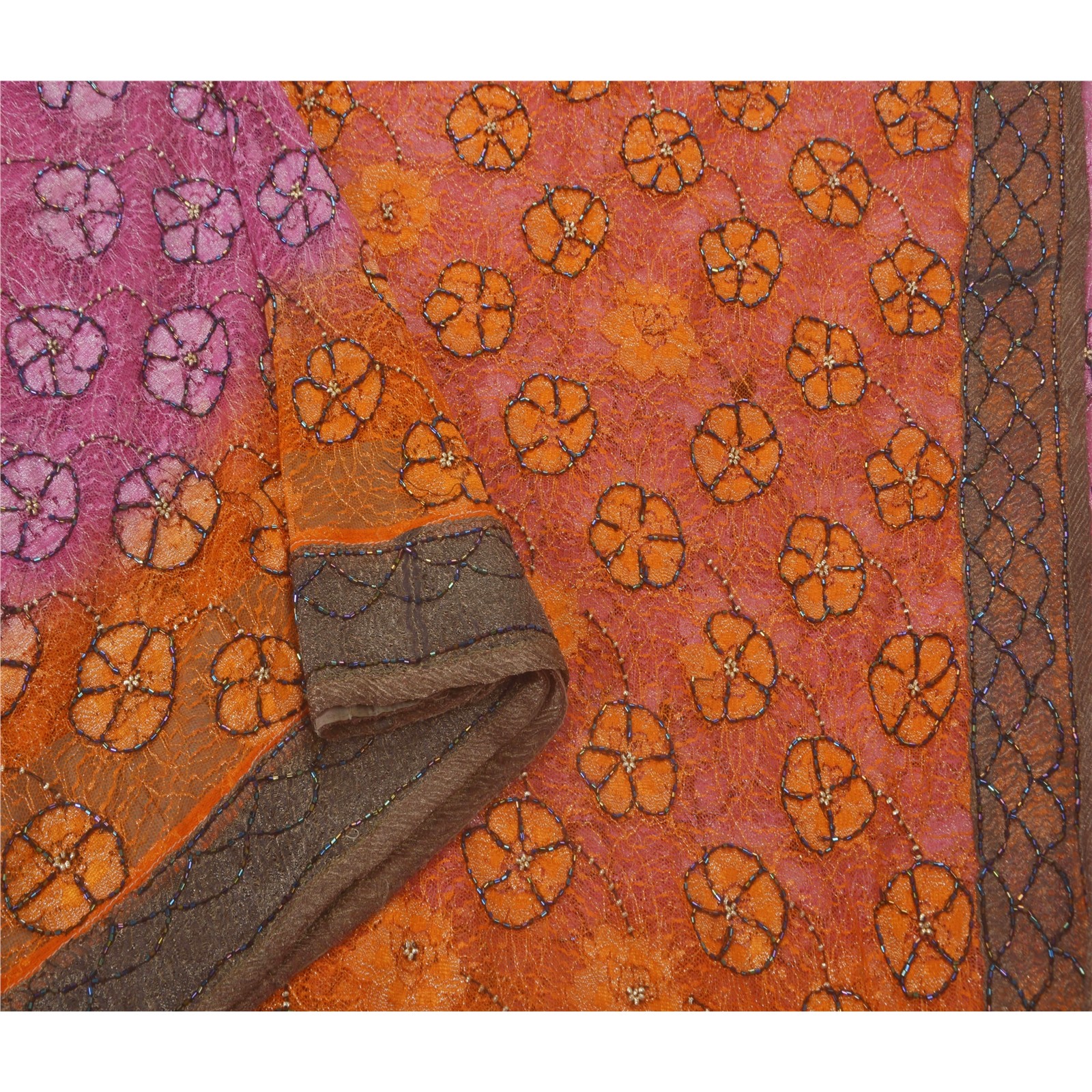 Sanskriti Vintage Pink Saree Net Mesh Hand Beaded Cultural Craft Fabric 5 Yd Sar