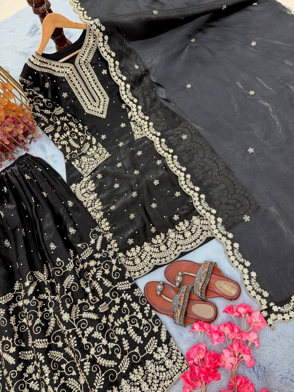 New Presenting Stylish Faux Georgette Top Dhoti With Dupatta For Reception Wear