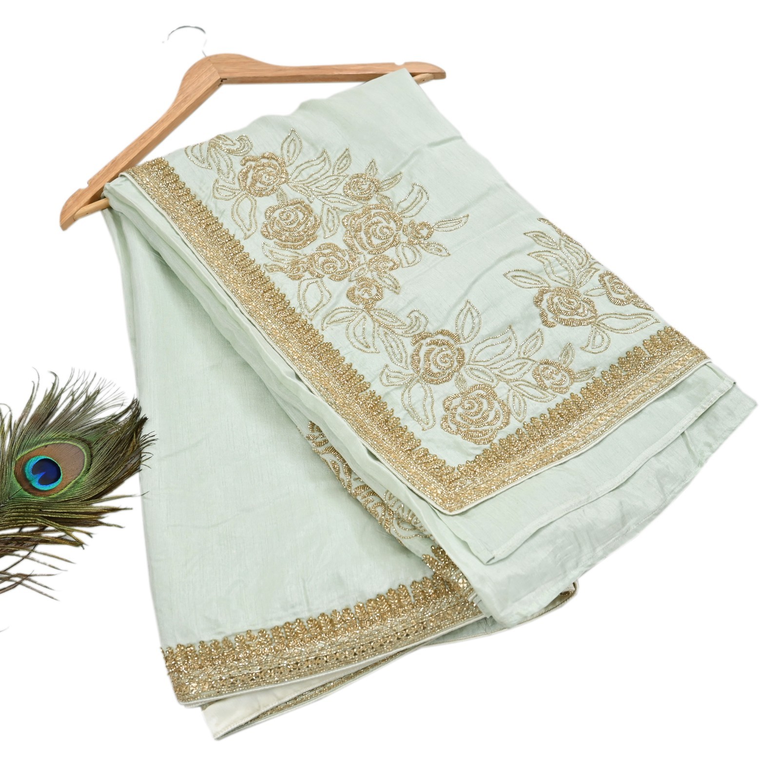 Rare Vintage Olive Green Blend Silk Saree Hand Embroidered Fabric 5.5 Yard Sari