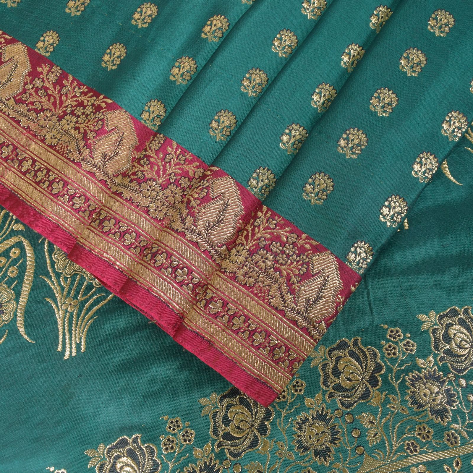 Sanskriti Vintage Cyan Pure Satin Saree Banarasi Brocade Zari Hand-Woven 5+Yd