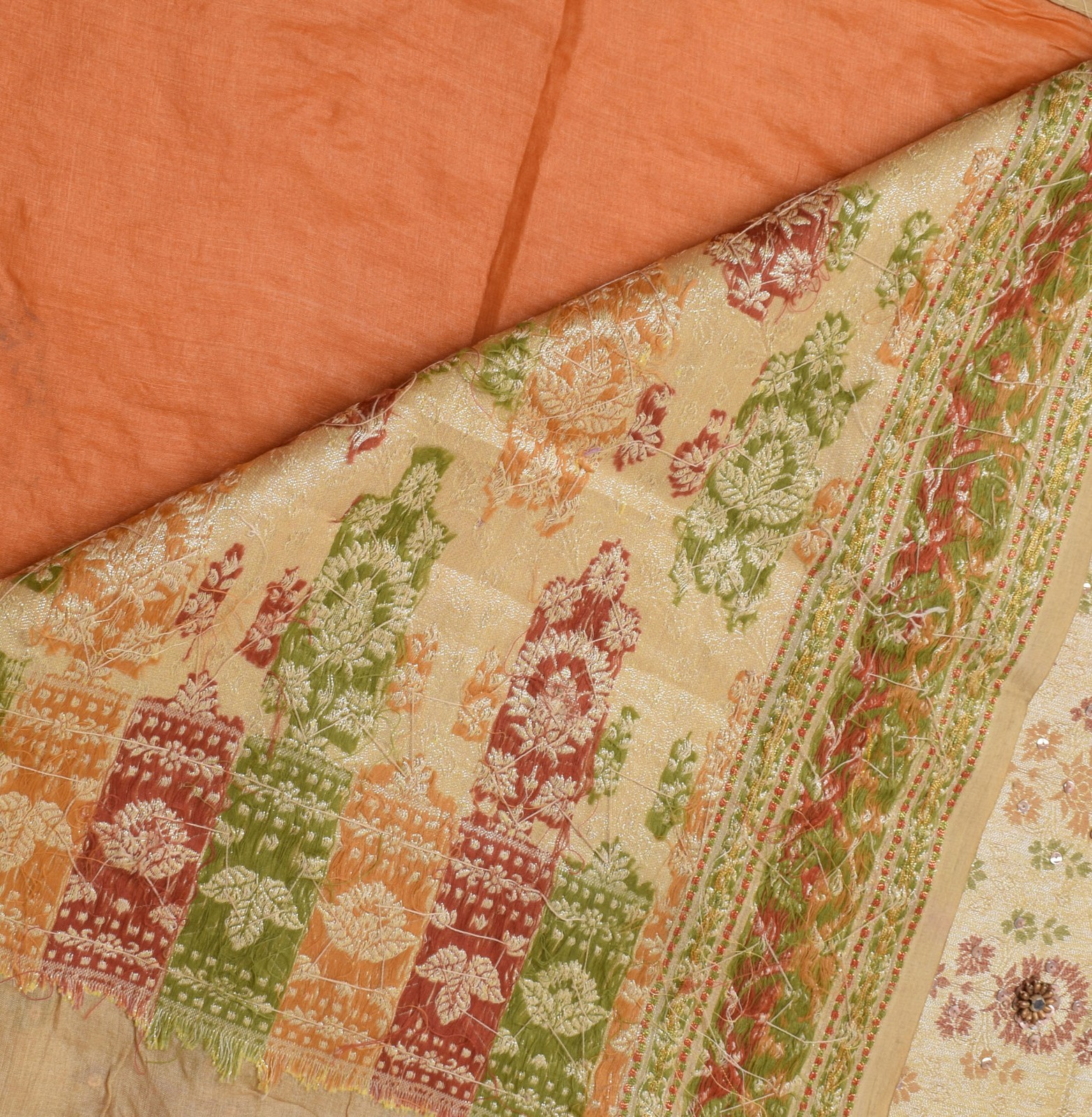 Sushila Vintage Rust Saree Pure Tussar Silk Woven&Hand Beaded Floral Sari Fabric