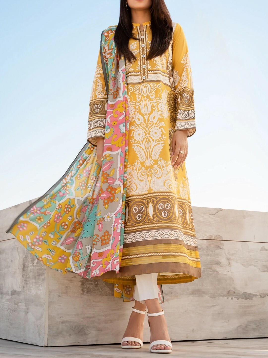 Pakistani Lawn Printed Kurti Dupatta Free Trouser Bust 48 3XL Chiffon Dupatta