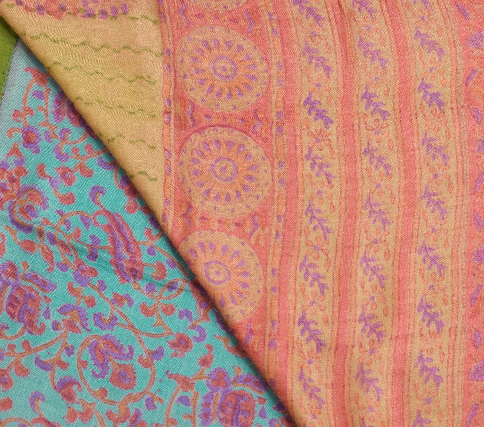 Sushila Vintage Aqua Blue Hand Block Printed Saree 100% Pure Woolen Sari Fabric