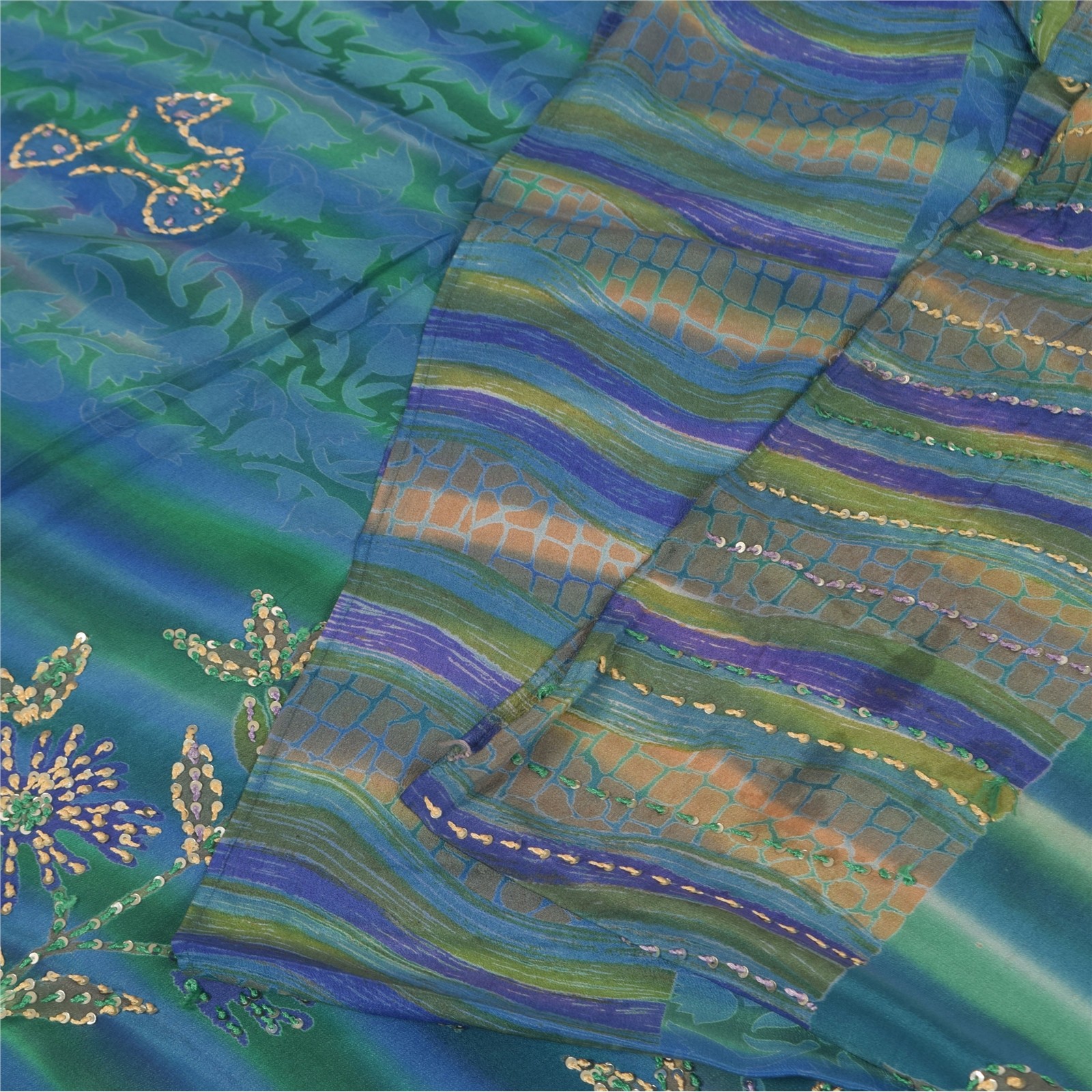 Sanskriti Vintage Saree Blue Pure Crepe Silk Hand Embroidered-Print 5.5+YD Sari