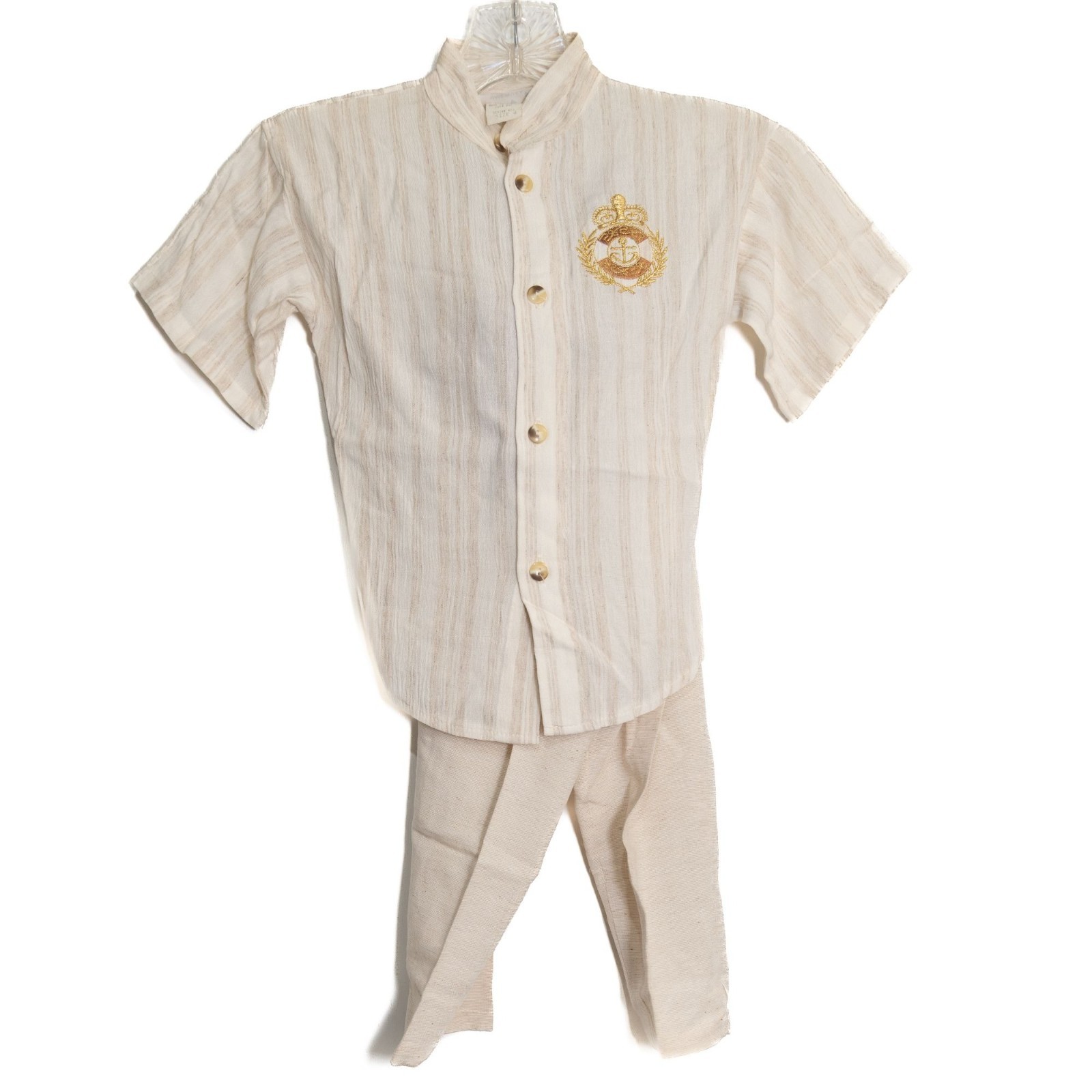 A & R Fashions Size 4 Boys Beige Striped Kurta Pajama Set W/ Gold Embroidery