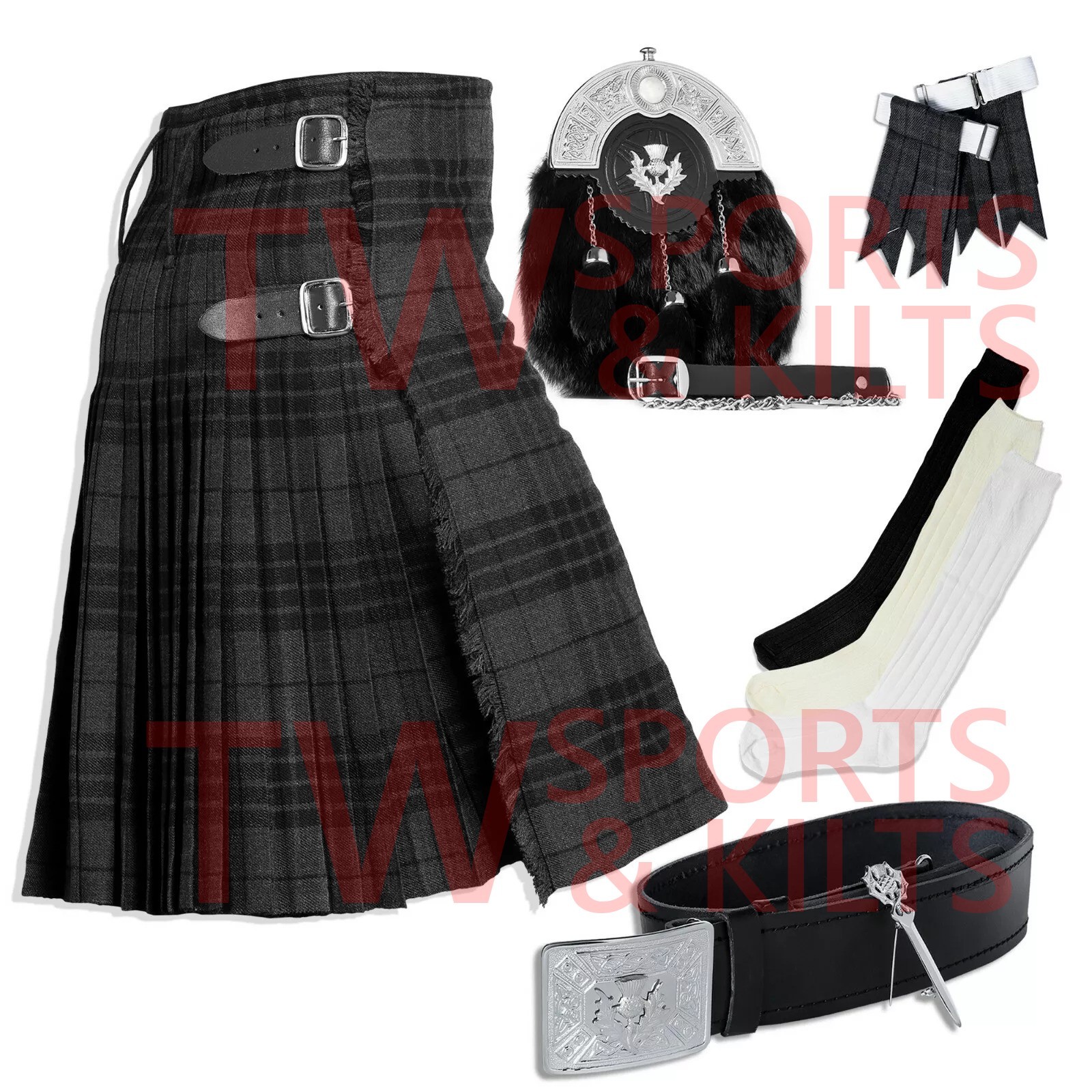 Scottish Men’s Outfit Grey Watch Tartan Kilt Set – 09 Pieces Kilt Accessories