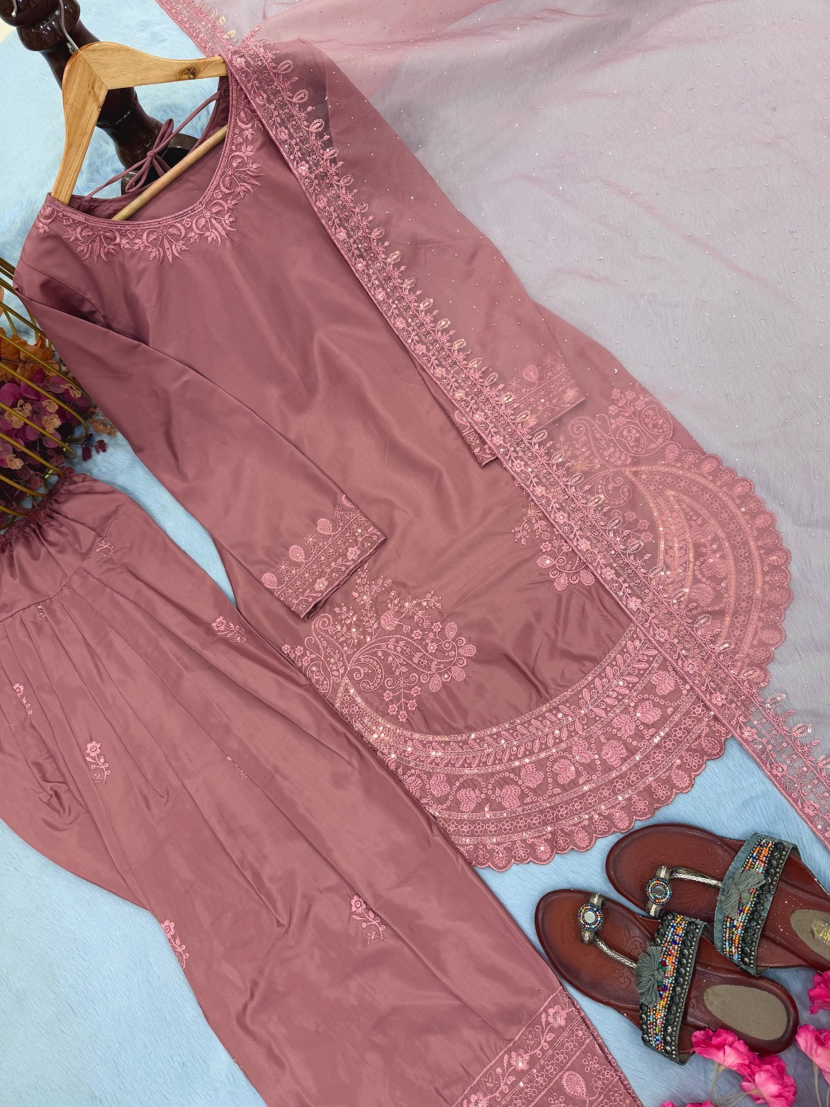 Collection Pur Natural Crepe Readymade Peach Top Palazzo With Dupatta For Women