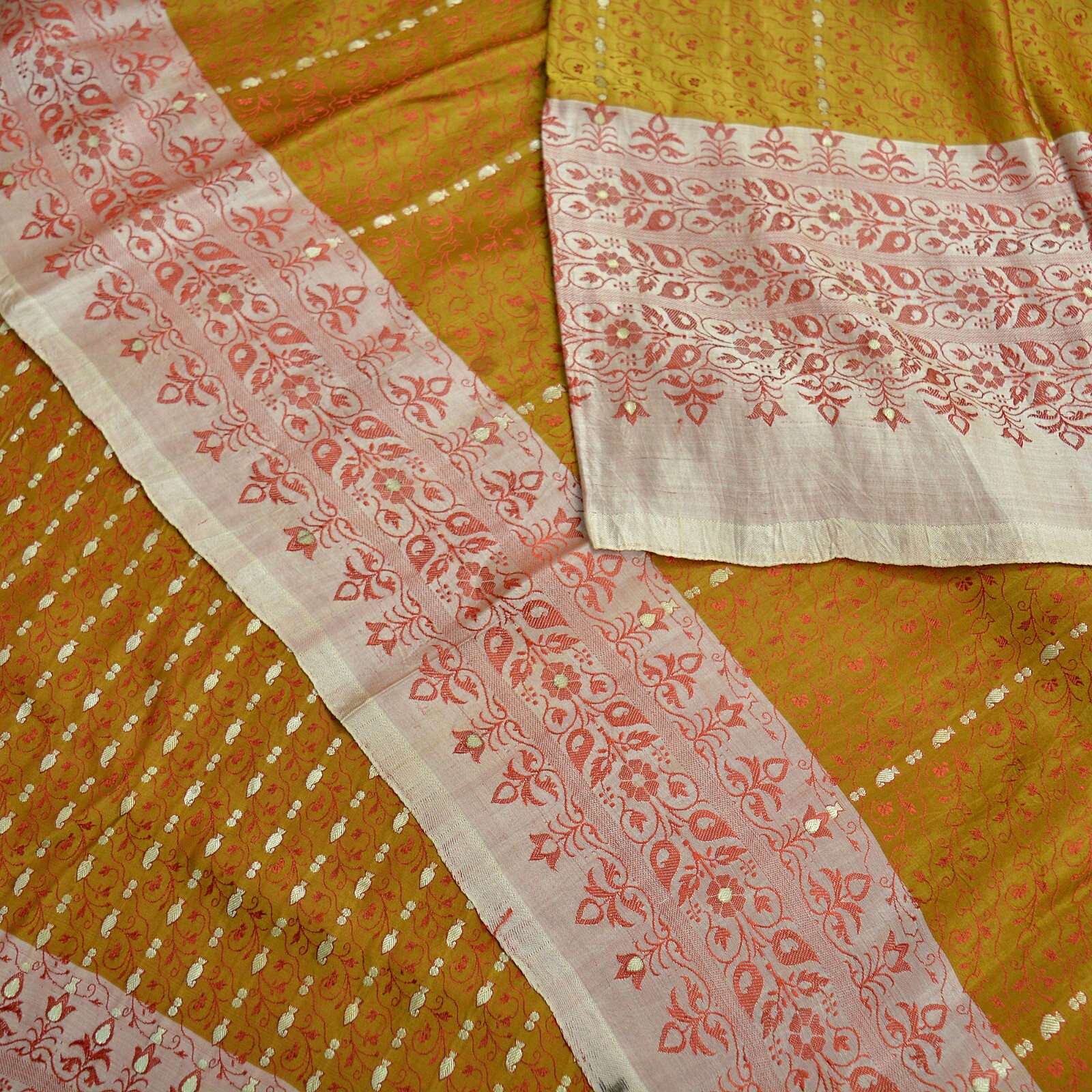 Vintage Sari Mustard Heavy Pure Satin Silk Hand Woven Brocade Sarees 5yd Ethnic