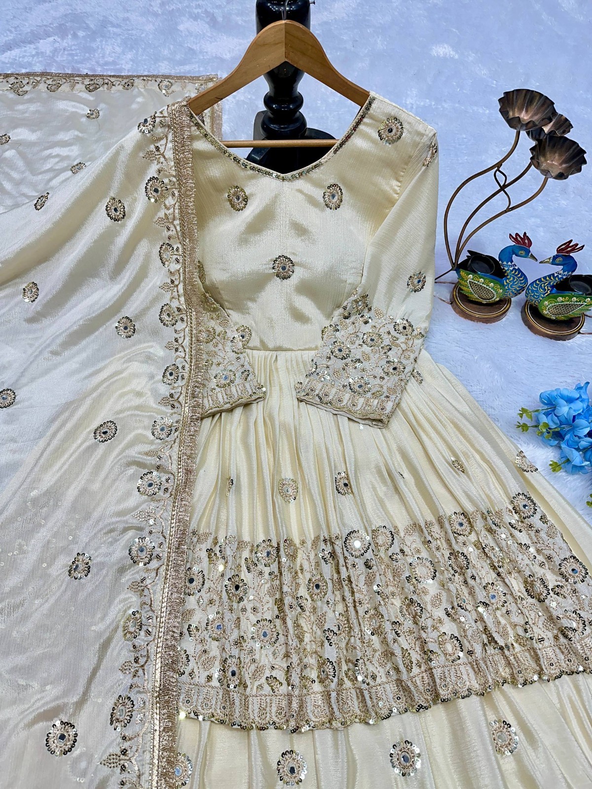 Stunning Look Off White Chinnon Silk Top Lehenga With Dupatta For Women