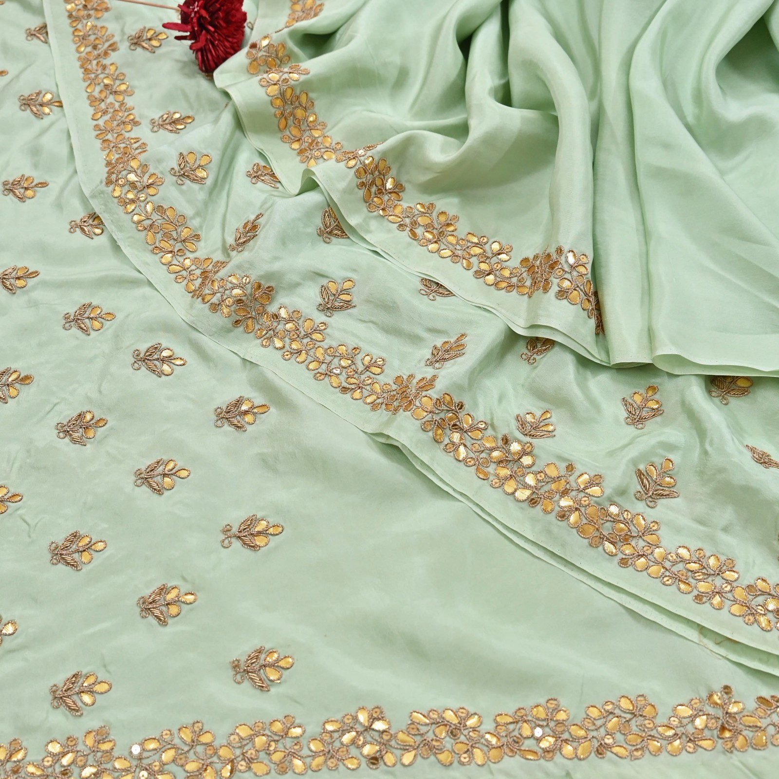 Rare Vintage Pista Green Pure Silk Zardozi Gota Hand Embroidered Designer Saree