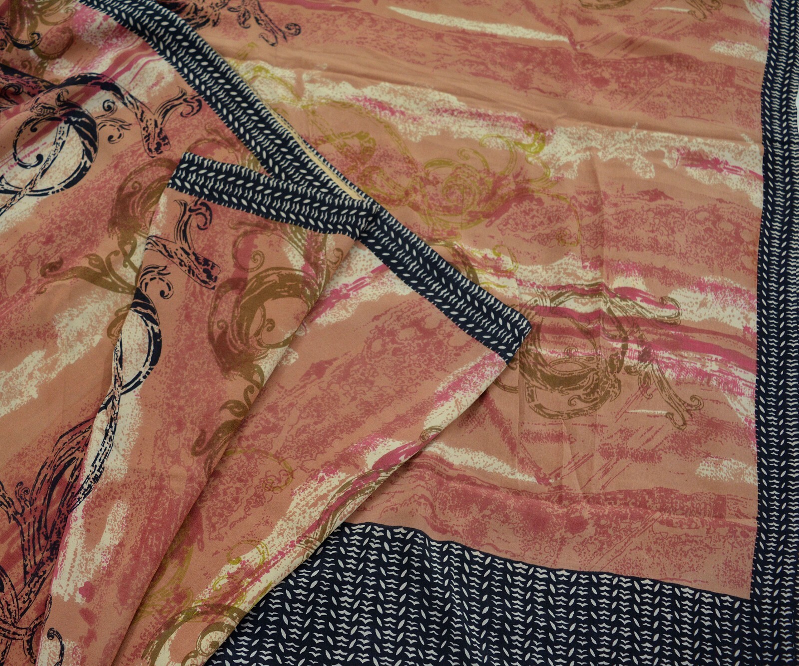 Vintage Sari Brown & Black Pure Crepe Silk Printed Saree 5yd Sewing Dress Making