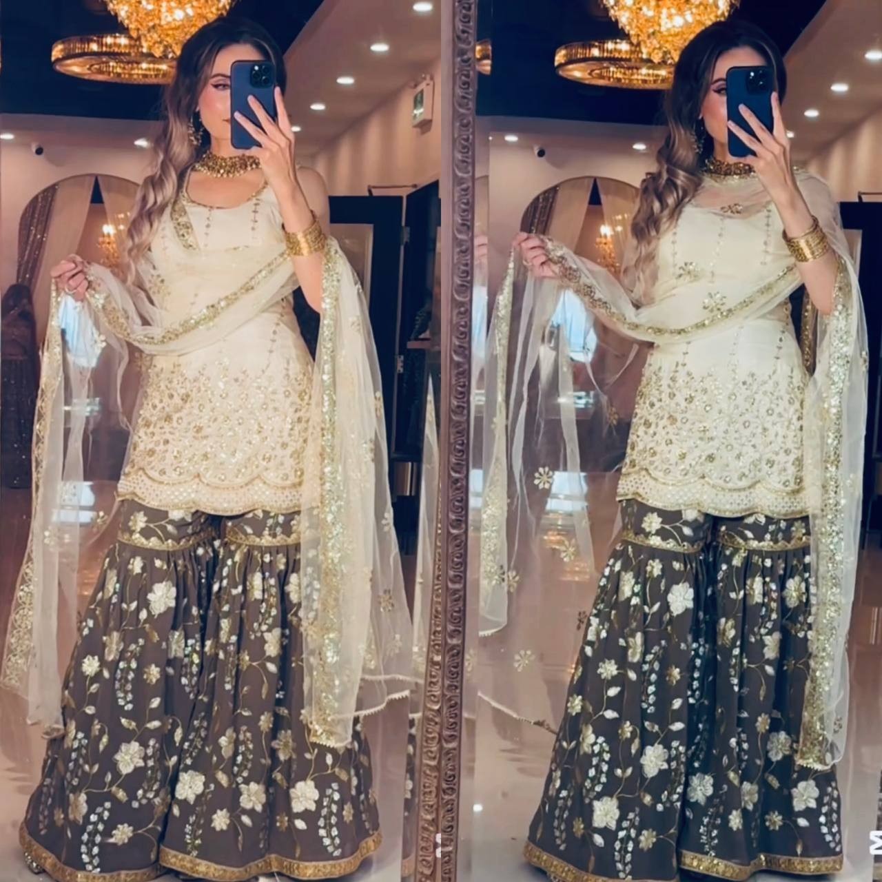 Unique Designer White Chinnon Silk Kurta Palazzo With Net Dupatta For Party
