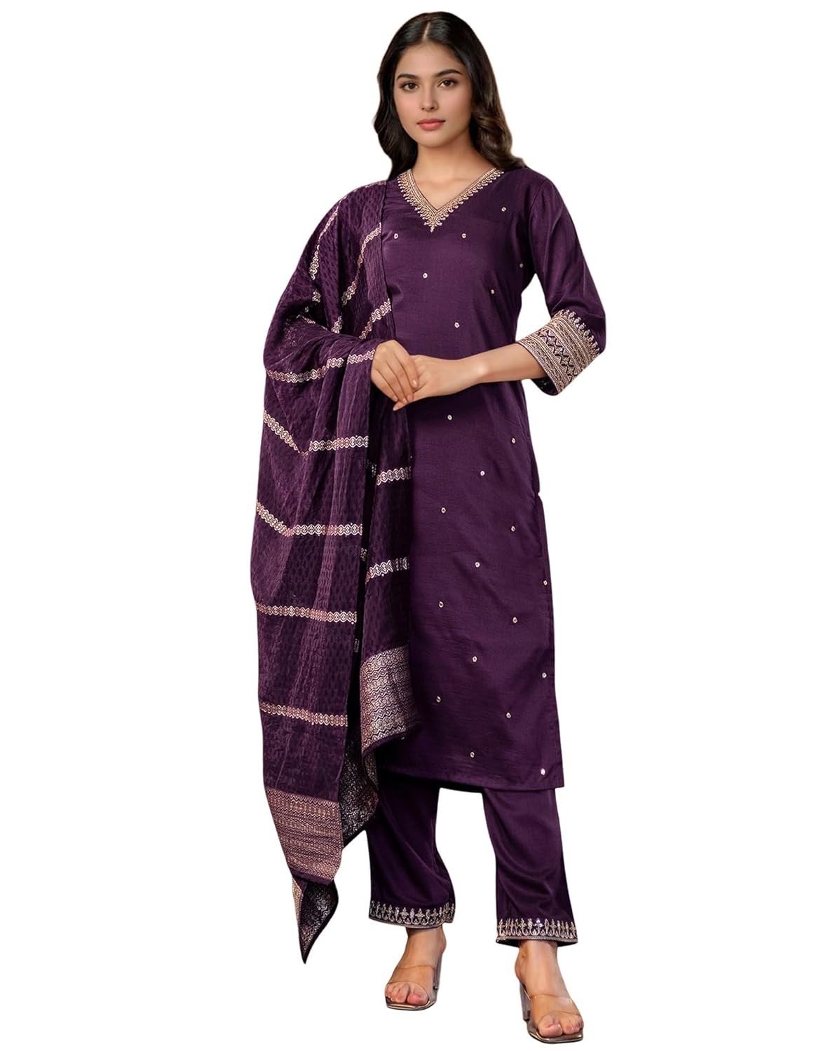 Women’s Silk Dyed Sequence and Embroidery Lace Straight Kurta with Pant & Dupata