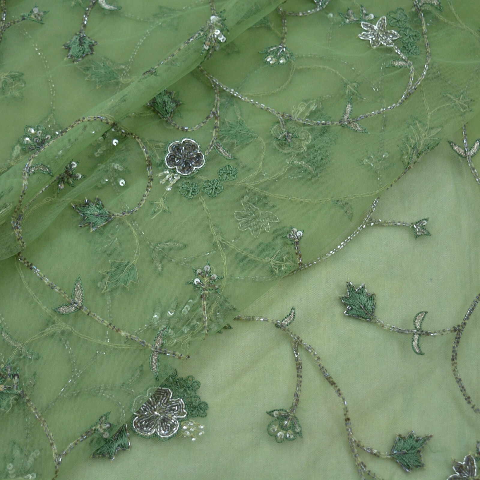 Vintage Heavy Saree Green Net/Mesh Hand Embroidered Sari Fabric 5Yd Sewing Dabka