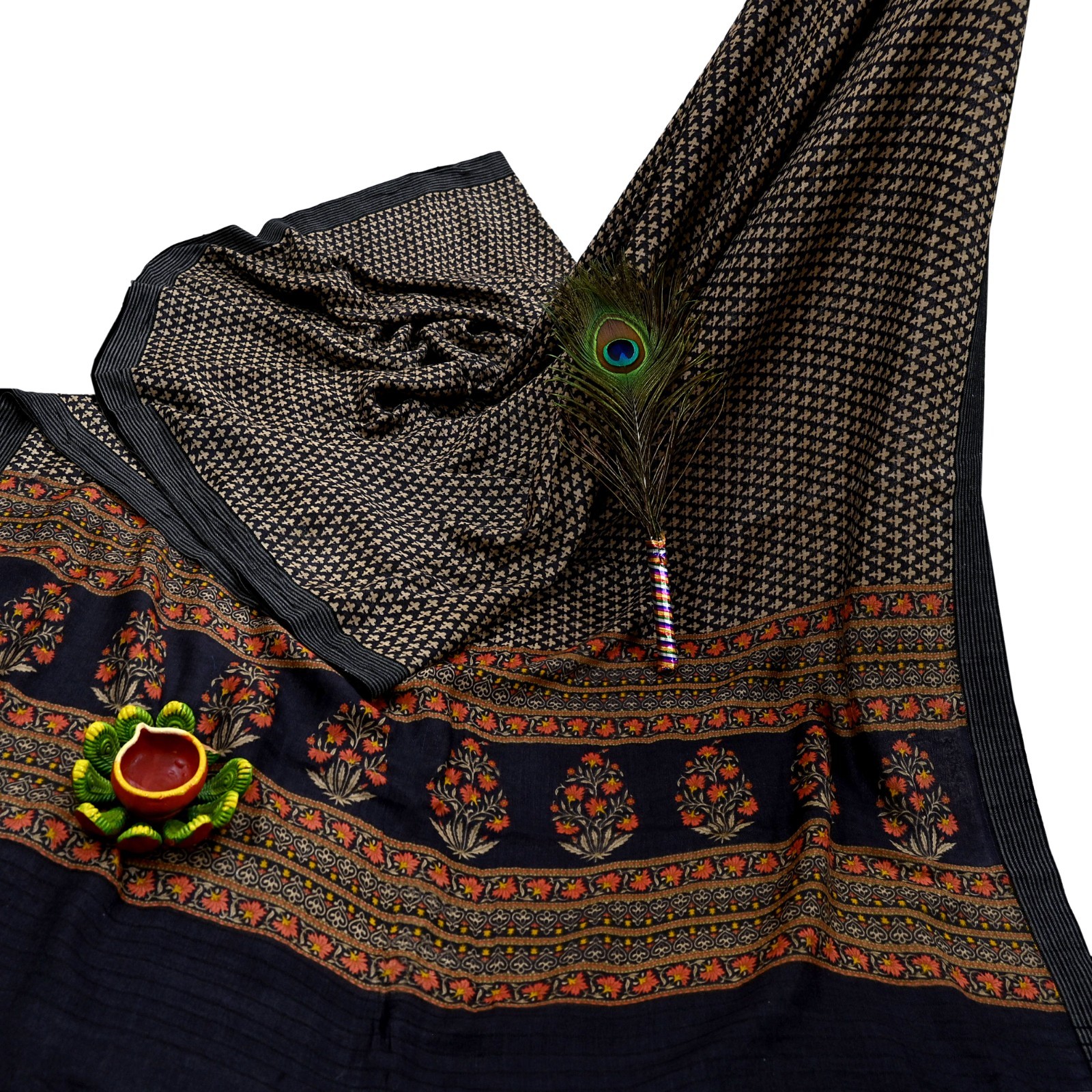 Vintage Black & Beige Saree Pure Woolen Woven Printed Sari Warm Craft Fabric 5Yd