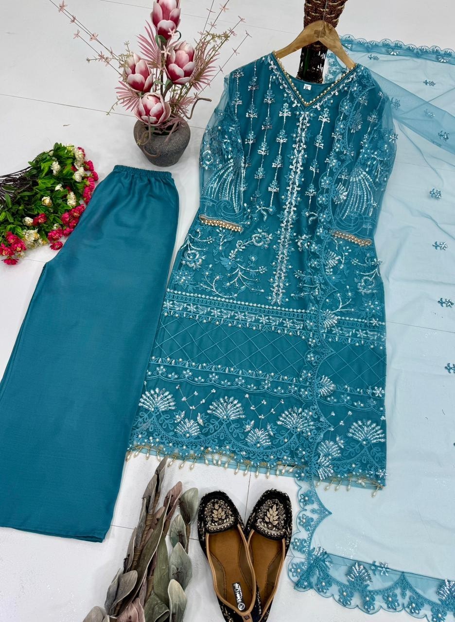 New Latest Soft Net Top Palazzo With Dupatta For Indian Party Wear
