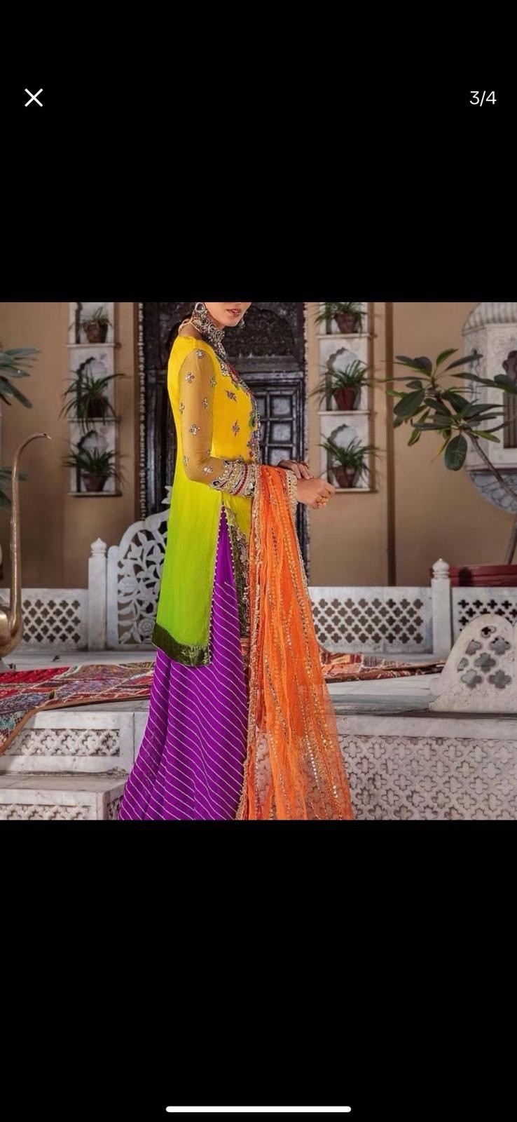 Women Salwar Kameez Net Embroidered 3pc Suit w/ Orange Dupatta Multicolor