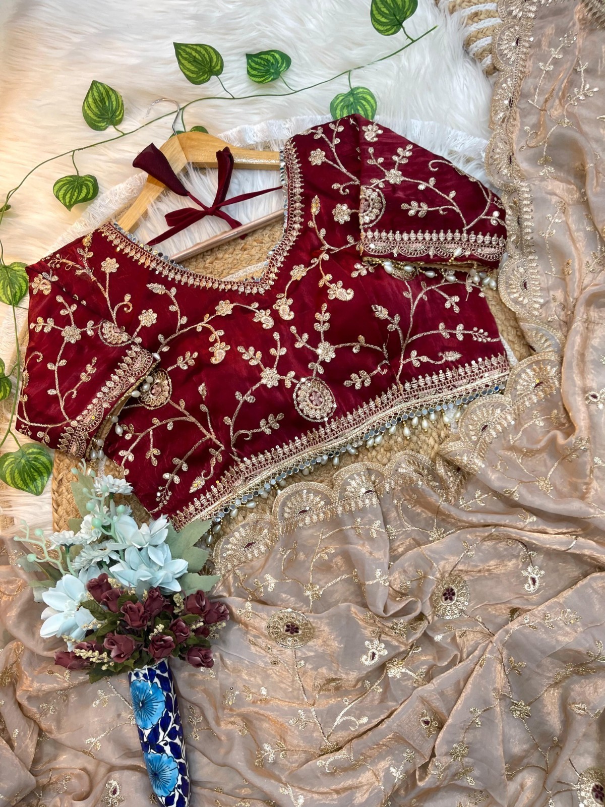 Wine Maroon Embroidered Organza Saree With Heavy Designer Blouse Elegant Emerald