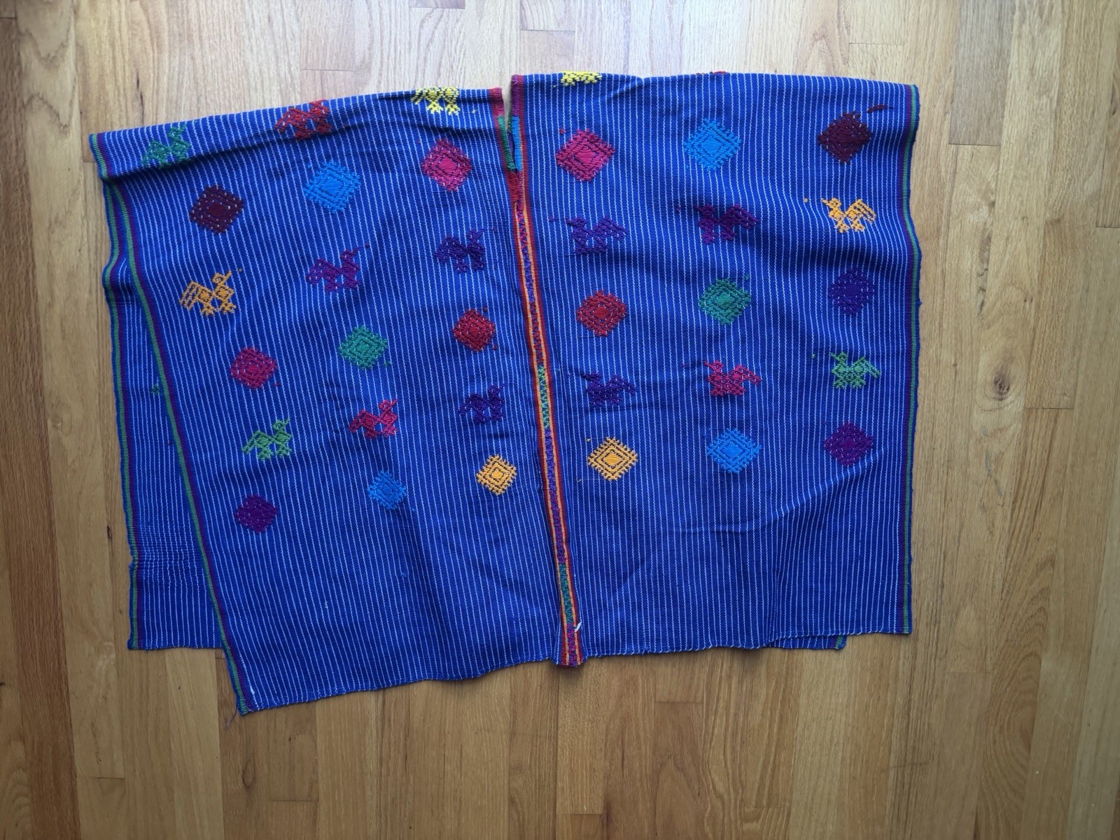 Vintage Mexican Huipil Top Blue Stripes Hand Embroidery OS