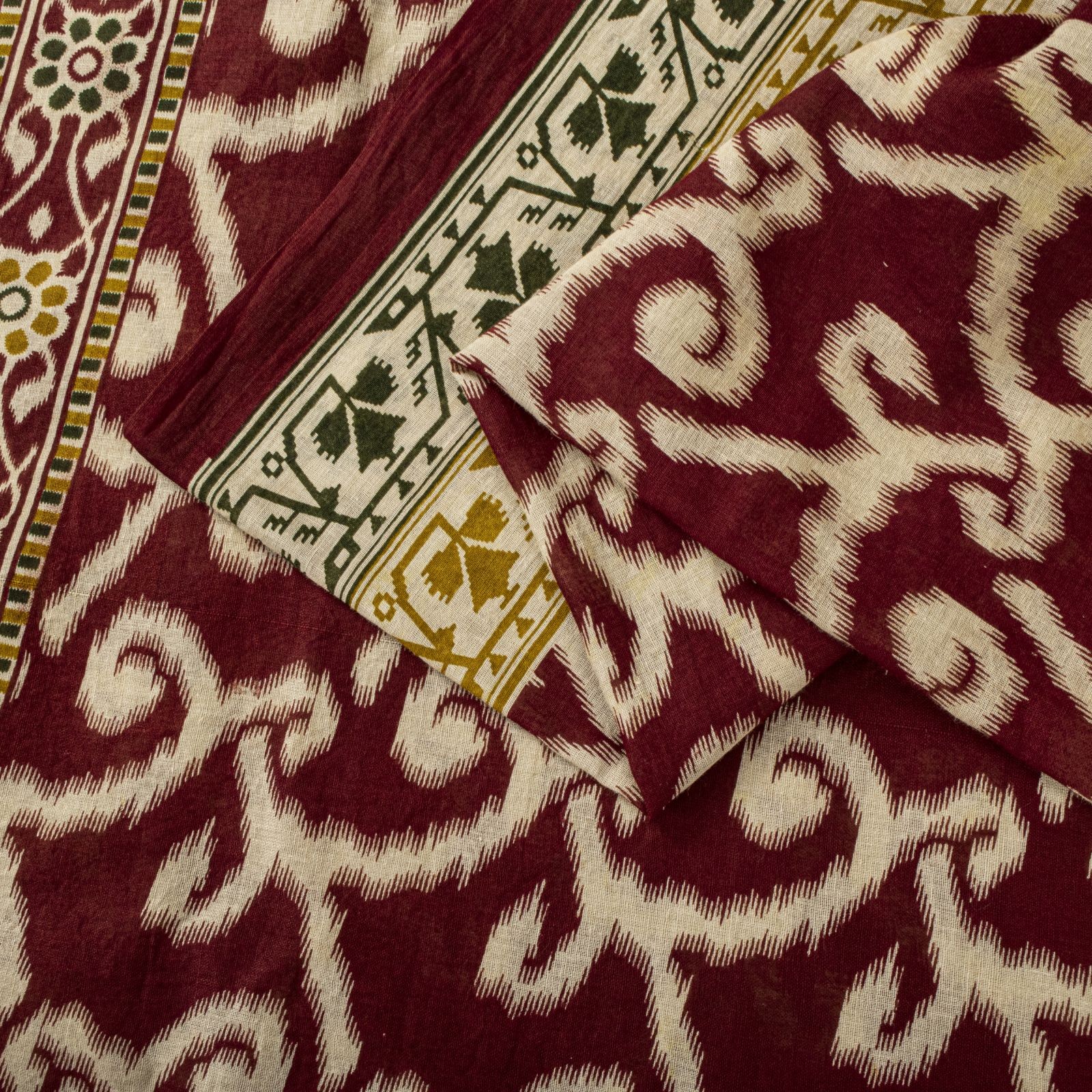 Sanskriti Vintage Saree Red 100% Pure Cotton Ikat-Jamdani Print Sari 5+Yd Fabric