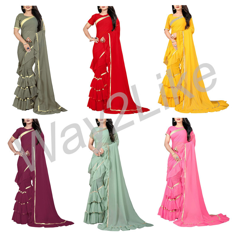 Women’s Designer Ruffle Saree Georgette Frill Stylish Sari Cocktail Party Wear