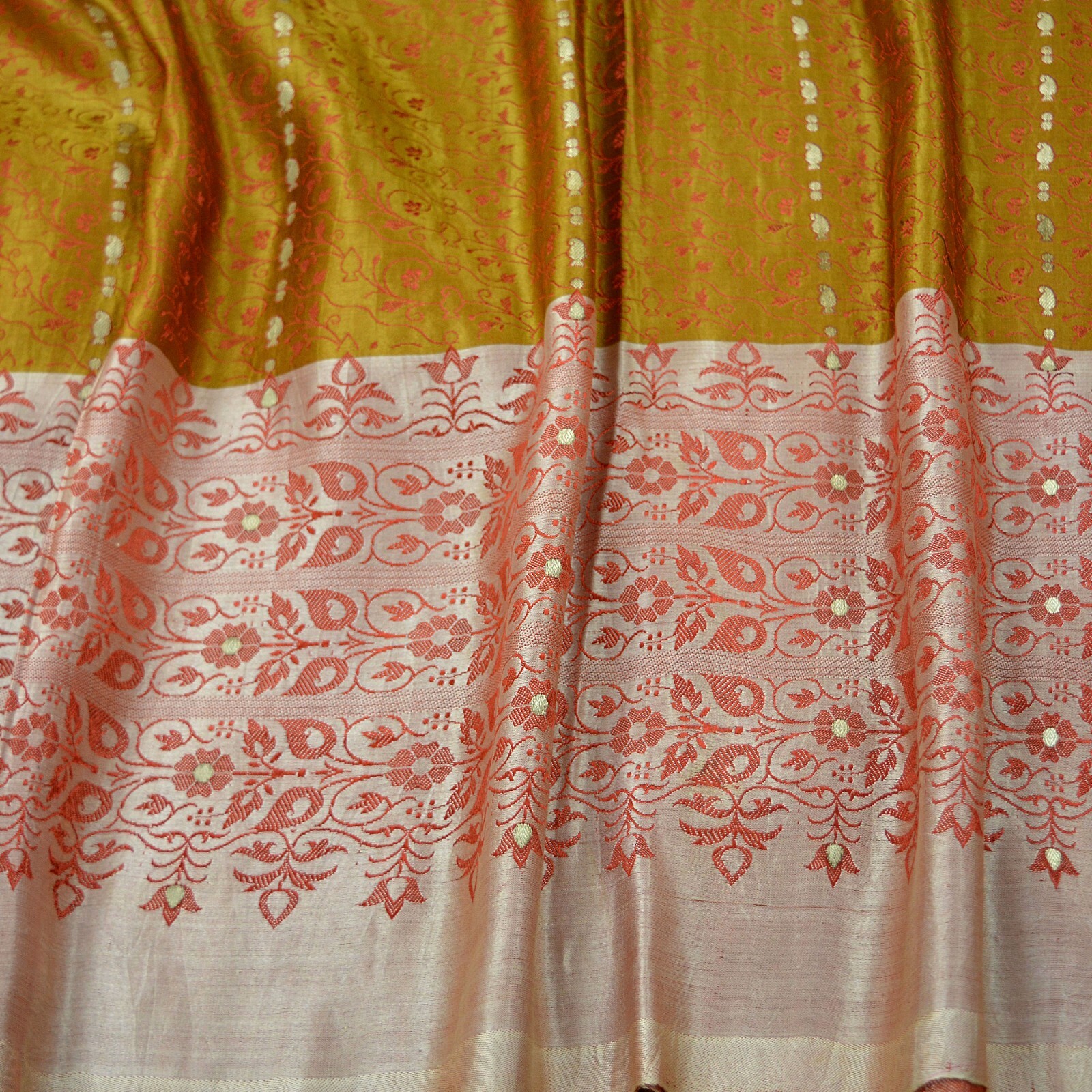 Vintage Sari Mustard Heavy Pure Satin Silk Hand Woven Brocade Sarees 5yd Ethnic