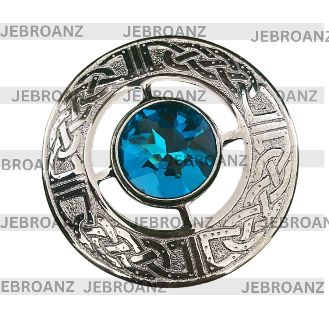 Scottish Fly Plaid Brooch Highland Celtic Kilt 5 Sky Blue Stone Silver 4″