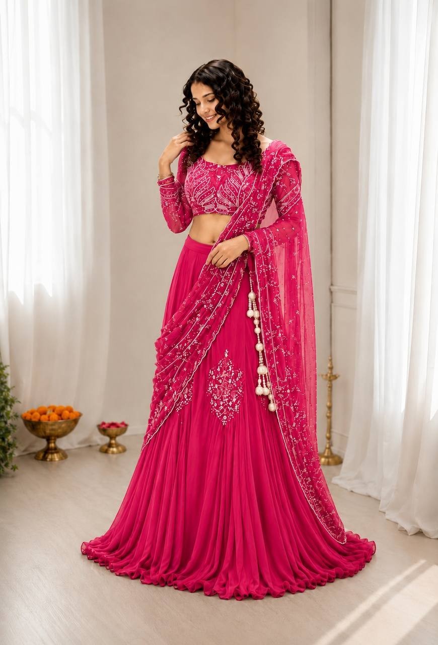Women’s Chinon Silk Lehenga Style Saree Attached Pallu Sequins Embroidery Blouse