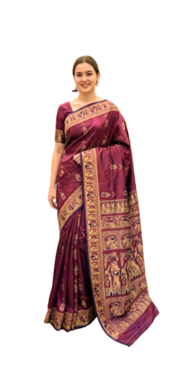 Indian Pure Baluchari Bishnupuri Katan Silk Saree Meenakari Wedding Wear Sari