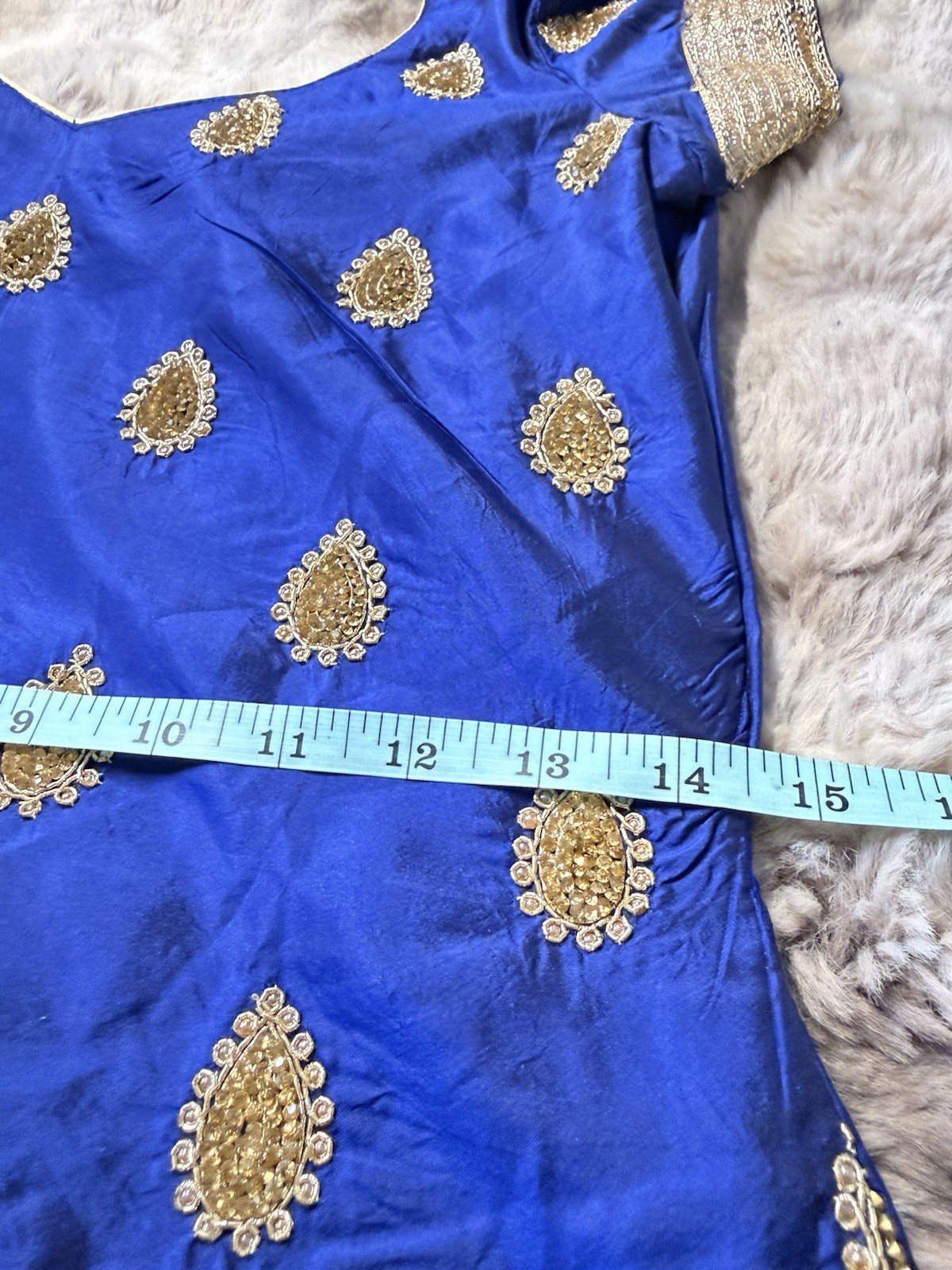 Royal Blue Gold Embroidered Silk Salwar Kameez Tunic Kurti Top Wedding Diwali XS