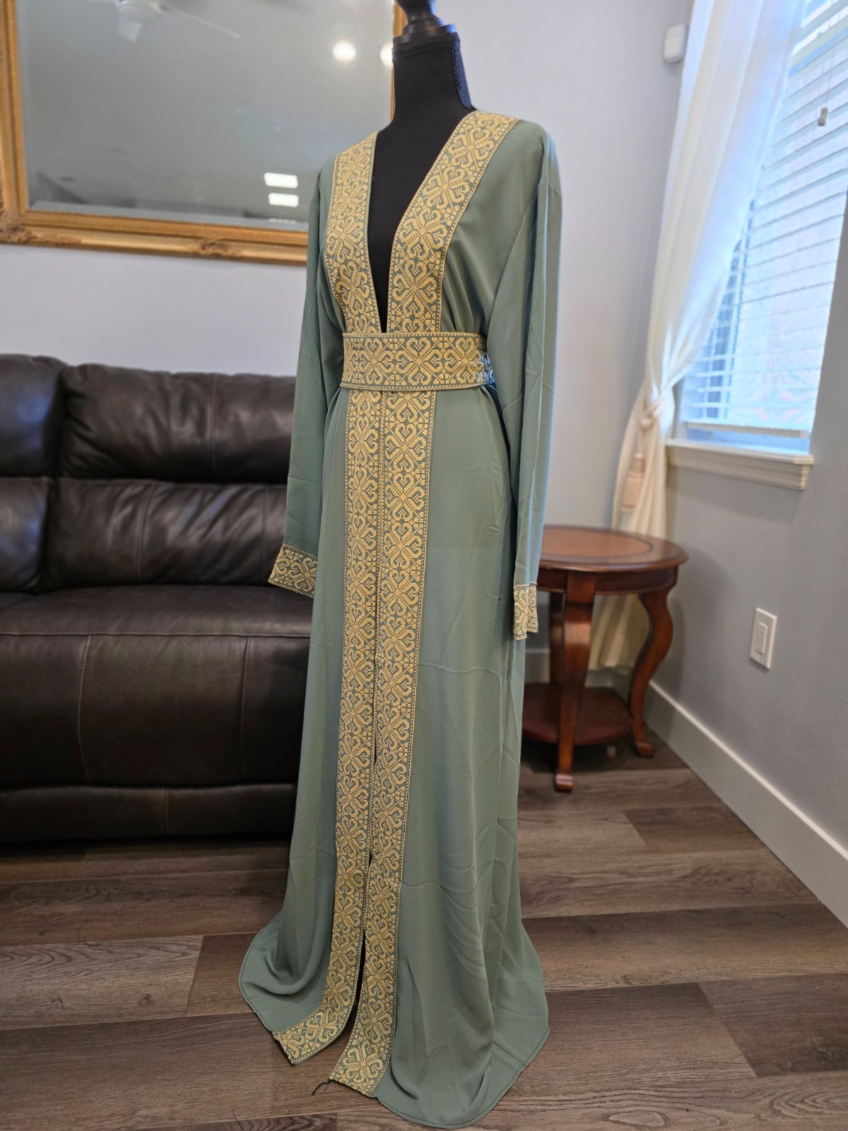 Embroidered Chiffon Abaya with Tatreez Embroidery and belt Palestinian Jordanian